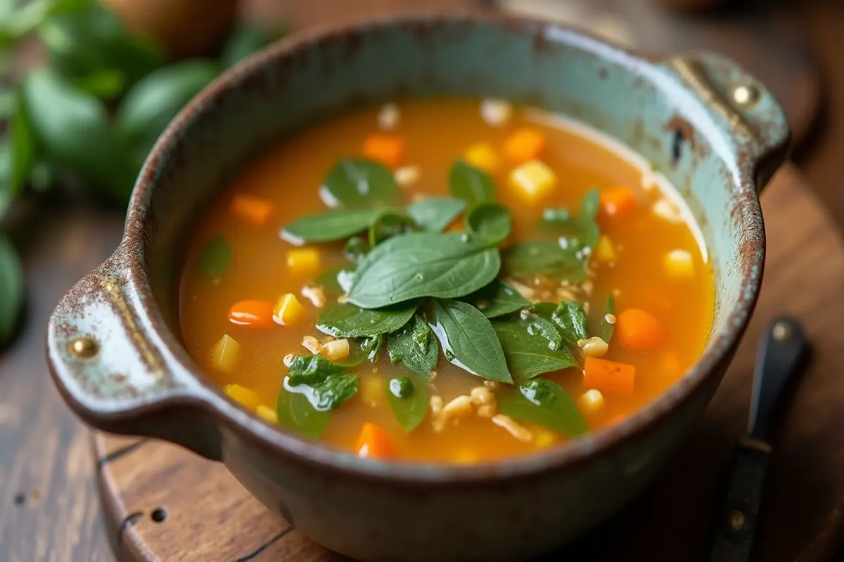 A bowl of vegetable soup with bay leaves simmering inside, steam rising, focus on the leaves and soup