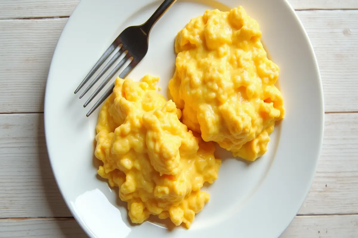 Two scrambled eggs on a plate.