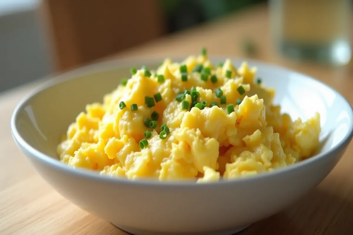 Creamy scrambled eggs with cottage cheese ready to eat.