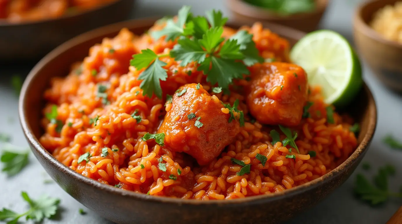 A bowl of cooked red rice, showcasing its distinctive reddish hue, firm texture, and appetizing appearance.