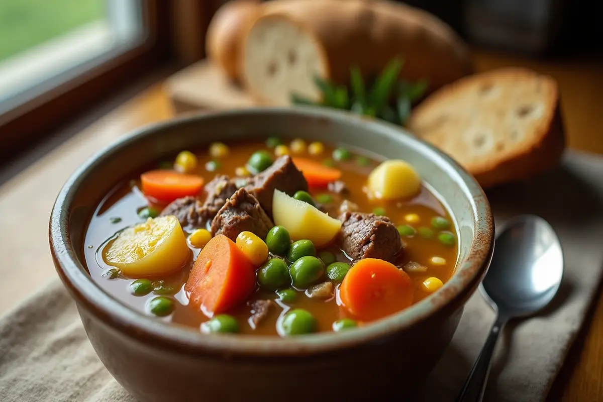 Old fashioned vegetable beef soup recipe in a bowl.