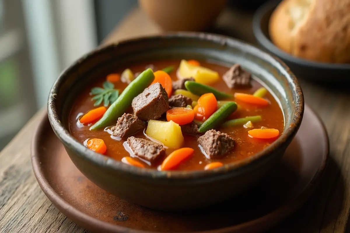 "A rustic, close-up shot of a homemade old-fashioned vegetable beef soup served in a ceramic bowl. The soup features perfectly textured vegetables, including tender carrots, potatoes, and green beans, along with chunks of juicy beef, all immersed in a savory, golden-red broth. The shot is captured with a Canon EOS R5, using a 50mm lens at f/1.8, creating a shallow depth of field to focus on the vibrant vegetables and beef. Natural light filters through a nearby window, highlighting the textures and colors, while a wooden table with a loaf of crusty bread completes the cozy, homemade setting."