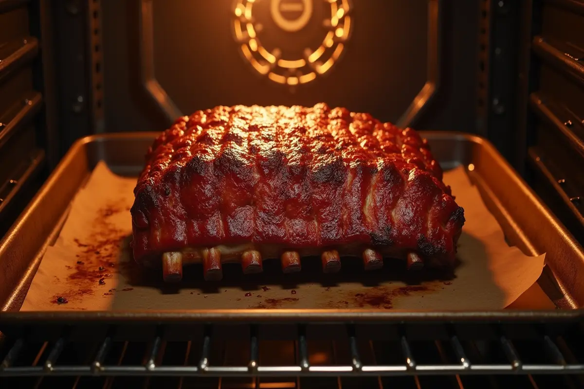 Baked ribs being cooked in an oven using convection.