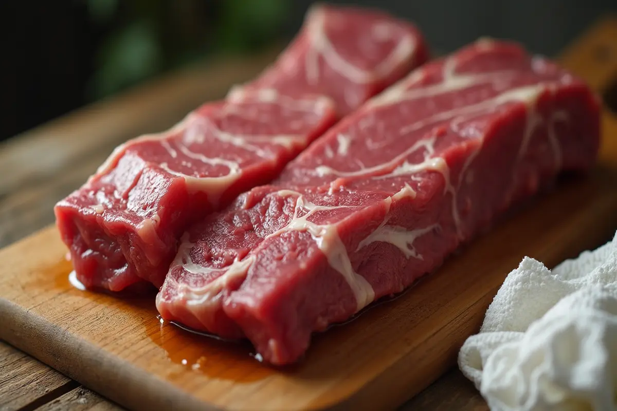 Close-up view of raw beef ribs on a cutting board, ready to be cooked.