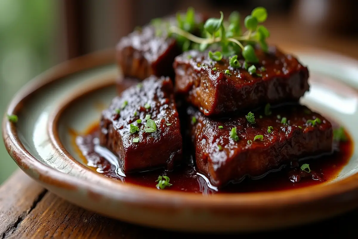 Close-up of cooked beef ribs showing the meat.