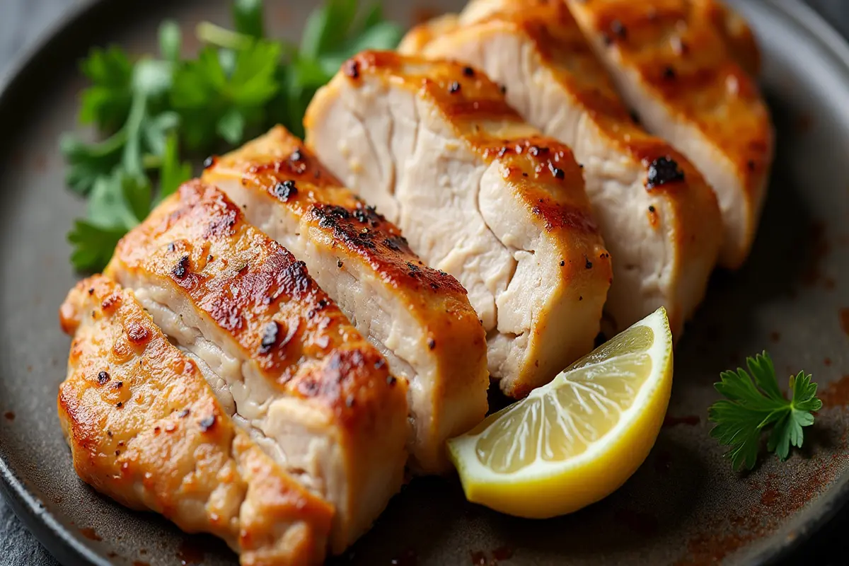 Thin sliced chicken breast cooked in skillet with garlic and lemon.