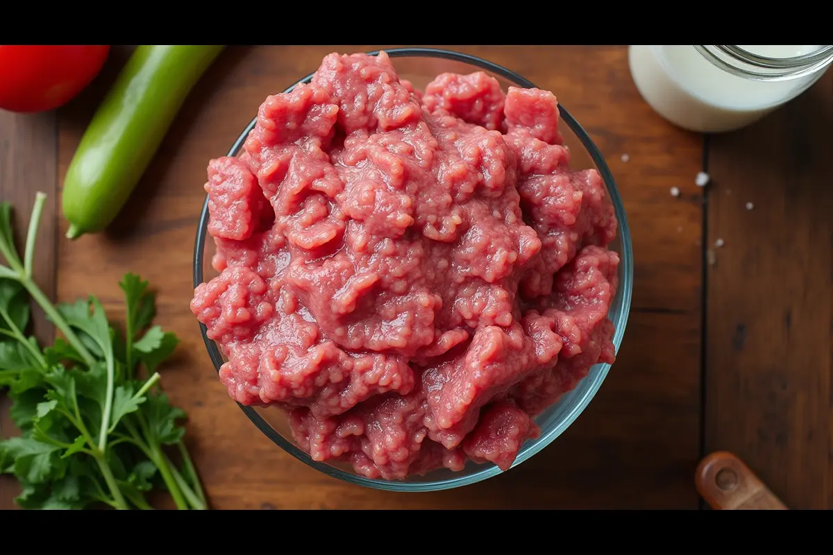 A close-up of ground beef marinated in milk, showing a soft texture and enhanced color. Does milk tenderize ground beef?