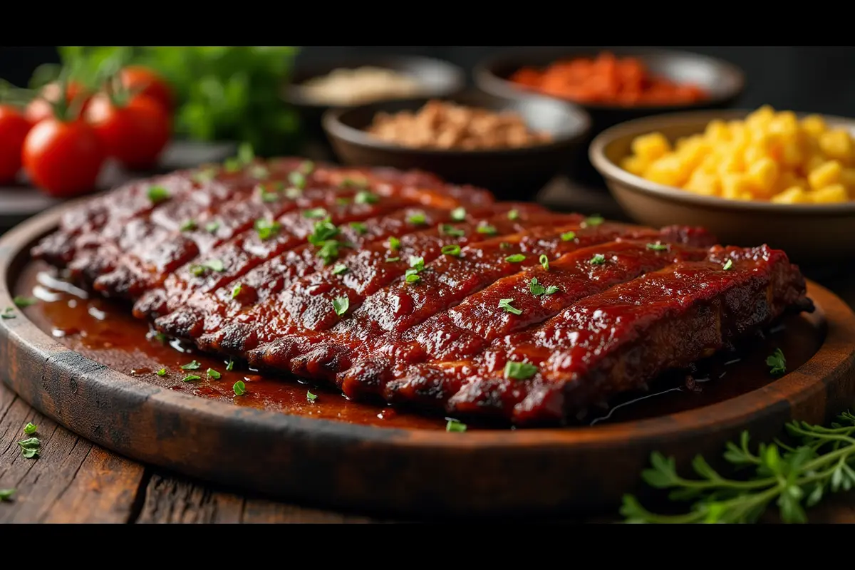 Deliciously cooked beef back ribs recipe on a wooden table.