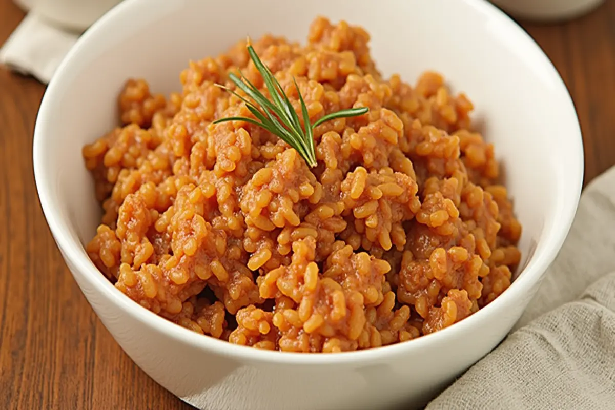 A bowl of red rice recipe garnished with fresh herbs.