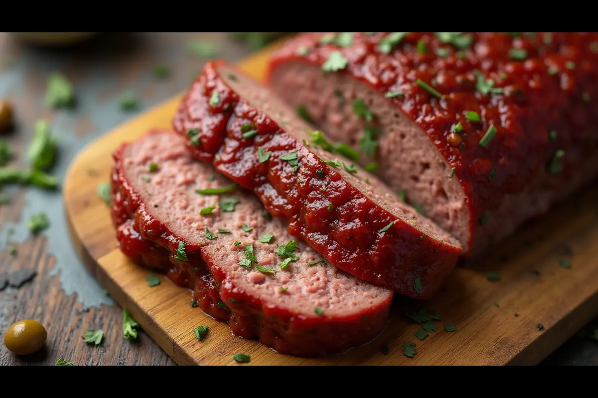 “Sliced homemade meatloaf with a slight pink center showing Is it okay if meatloaf is a little pink?”