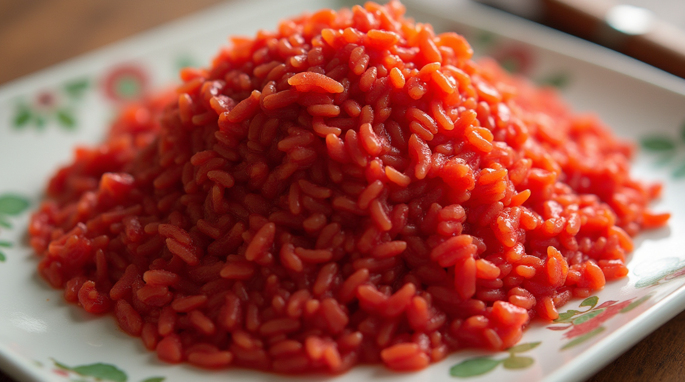 "Close-up overhead view of red rice grains highlighting why is red rice so expensive?"