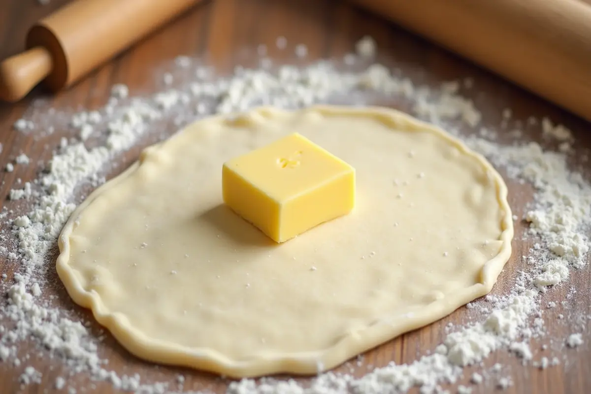 Overhead view of layered puff pastry dough, highlighting what are the 3 types of puff pastry?