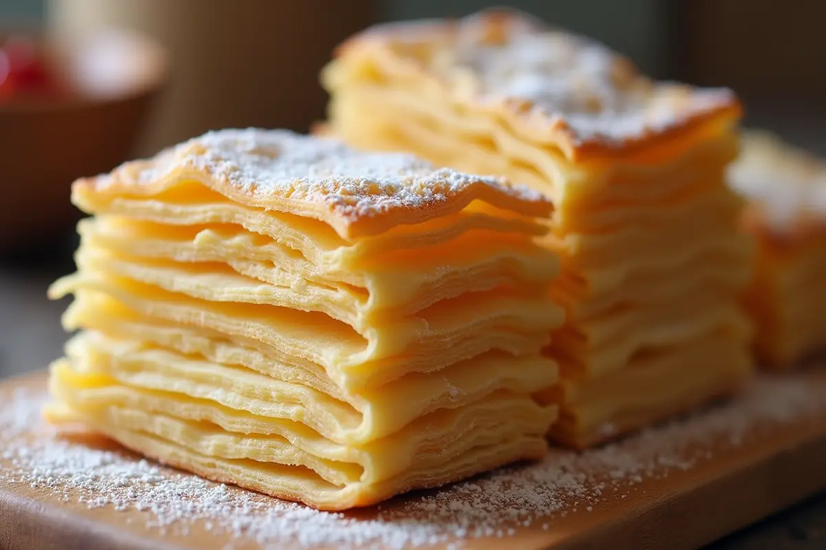 Can I use flaky pastry instead of puff pastry? A close-up of homemade flaky pastry layers.