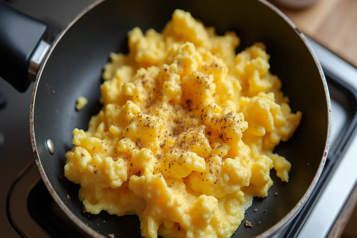 Plate of fluffy scrambled eggs with What is the one ingredient upgrade for scrambled eggs?