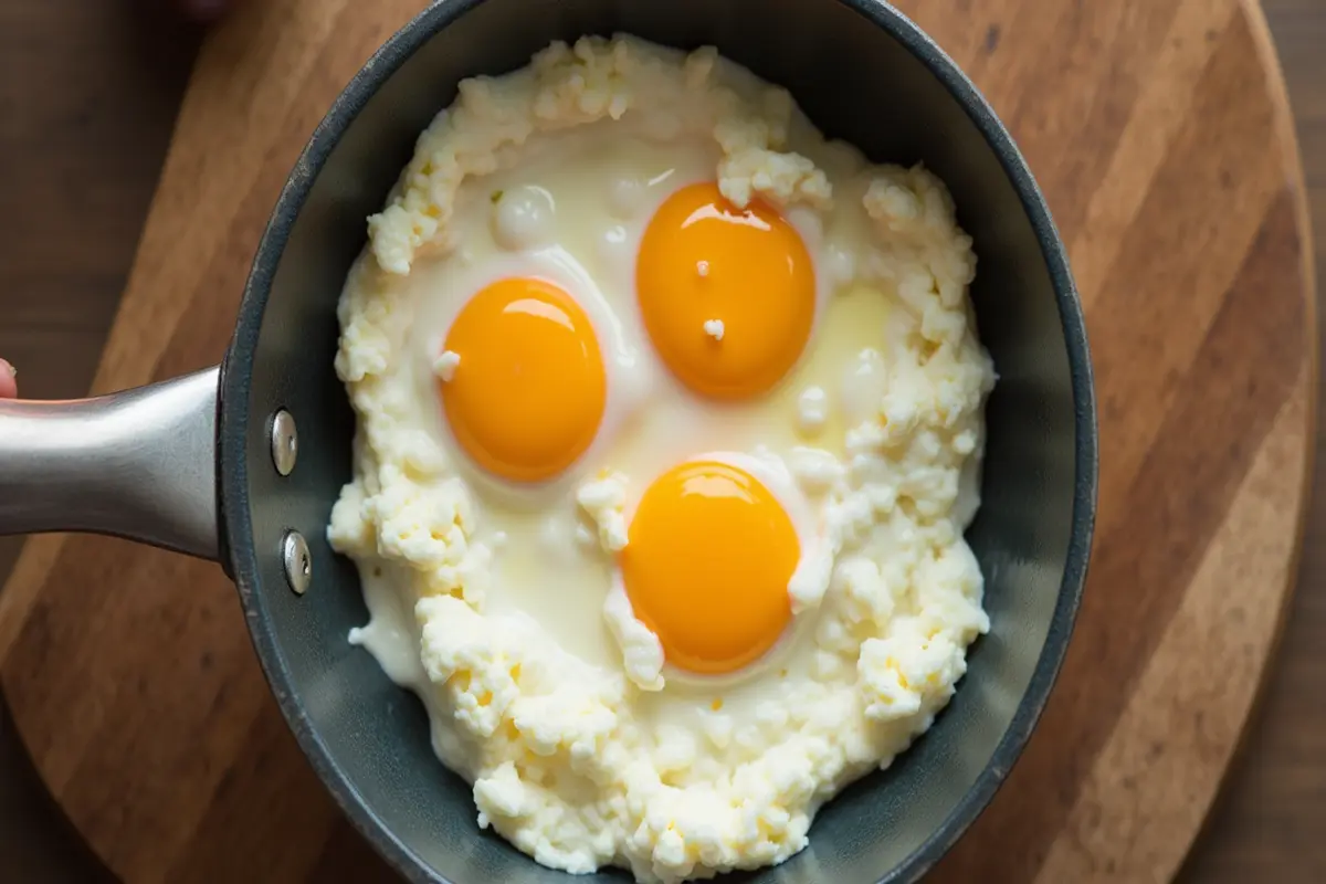 “Scrambled eggs with cottage cheese in a pan, illustrating Why are my eggs watery when I add cottage cheese?”