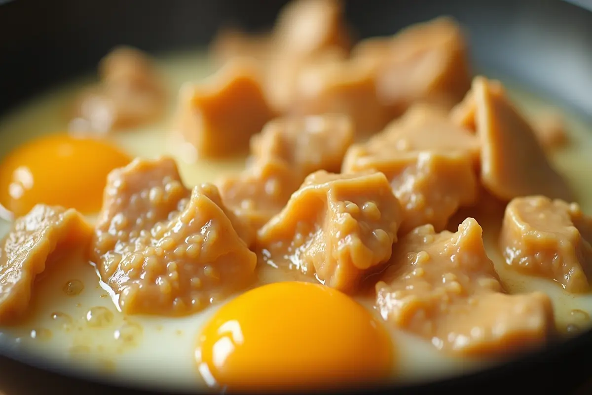 Chicken and eggs ready to be cooked together in a pan.