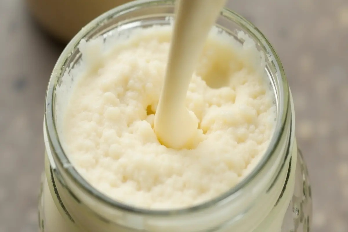 Discarded sourdough starter being poured out of a jar, showing why must you discard sourdough starter.