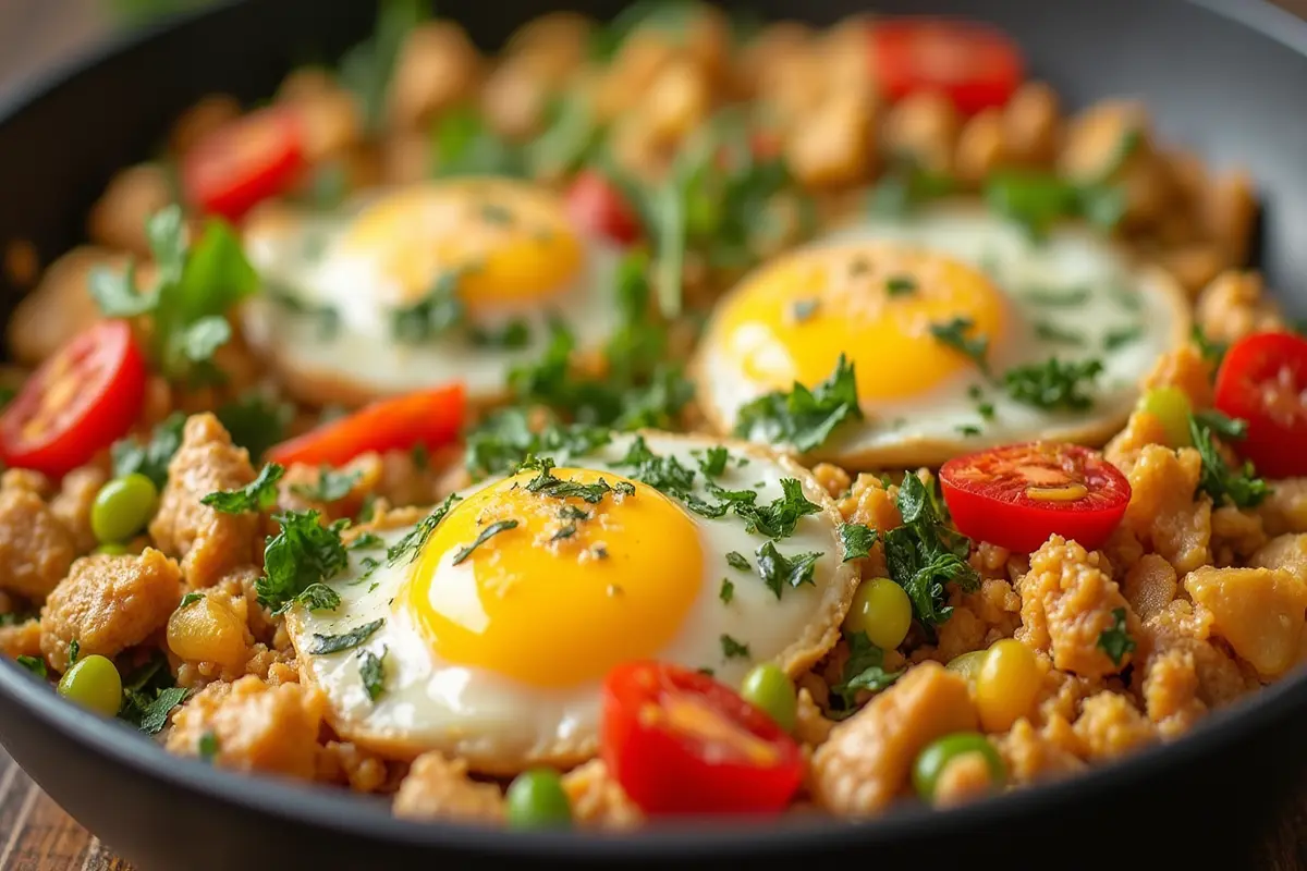 Delicious chicken and egg scramble, a perfect chicken breakfast recipe.
