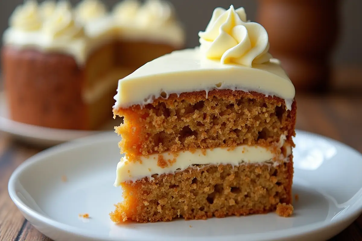 “Freshly baked carrot cake mix slice topped with cream cheese frosting.”