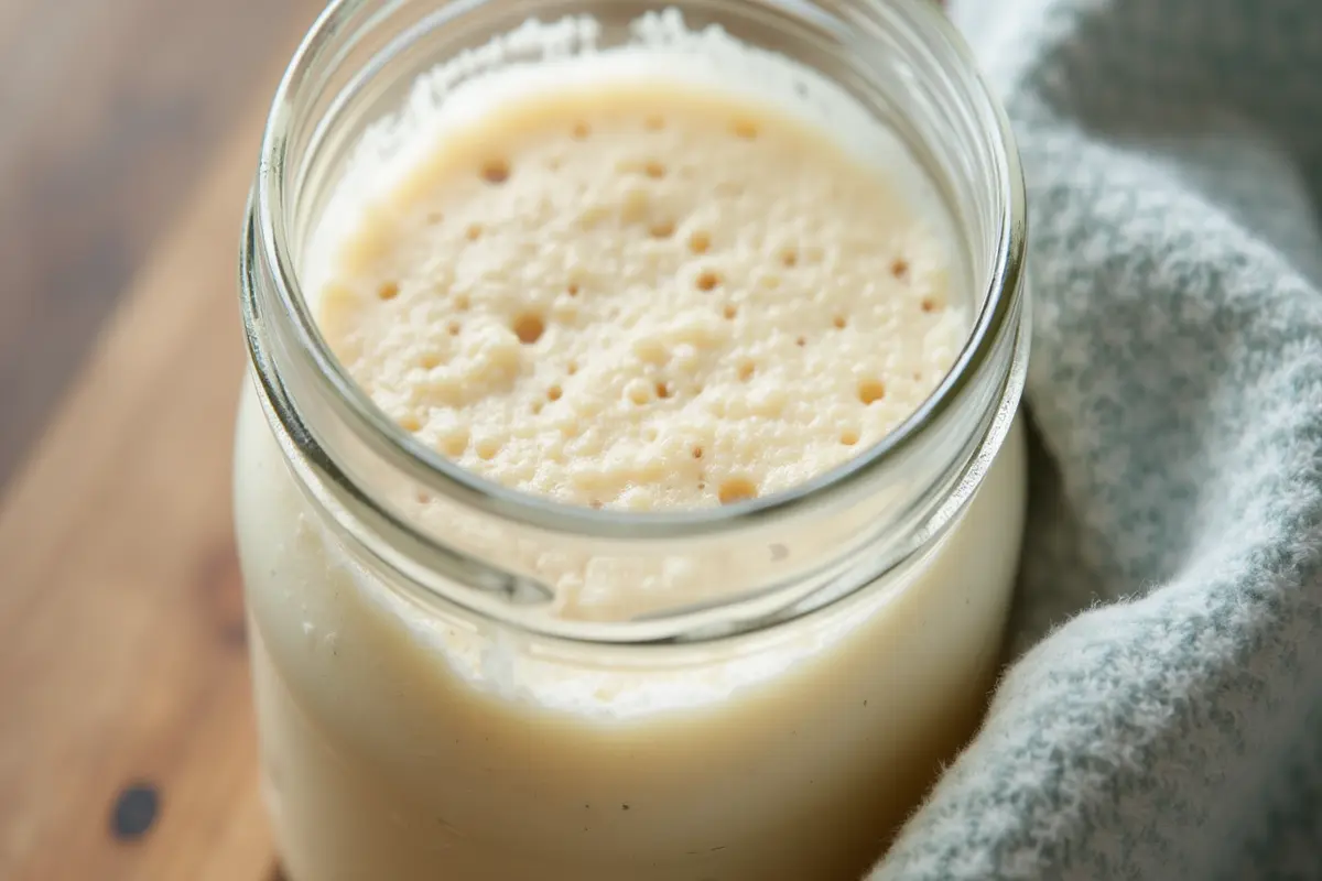 Sourdough starter in a glass jar, showing what is the biggest mistake you can make with your sourdough starter.