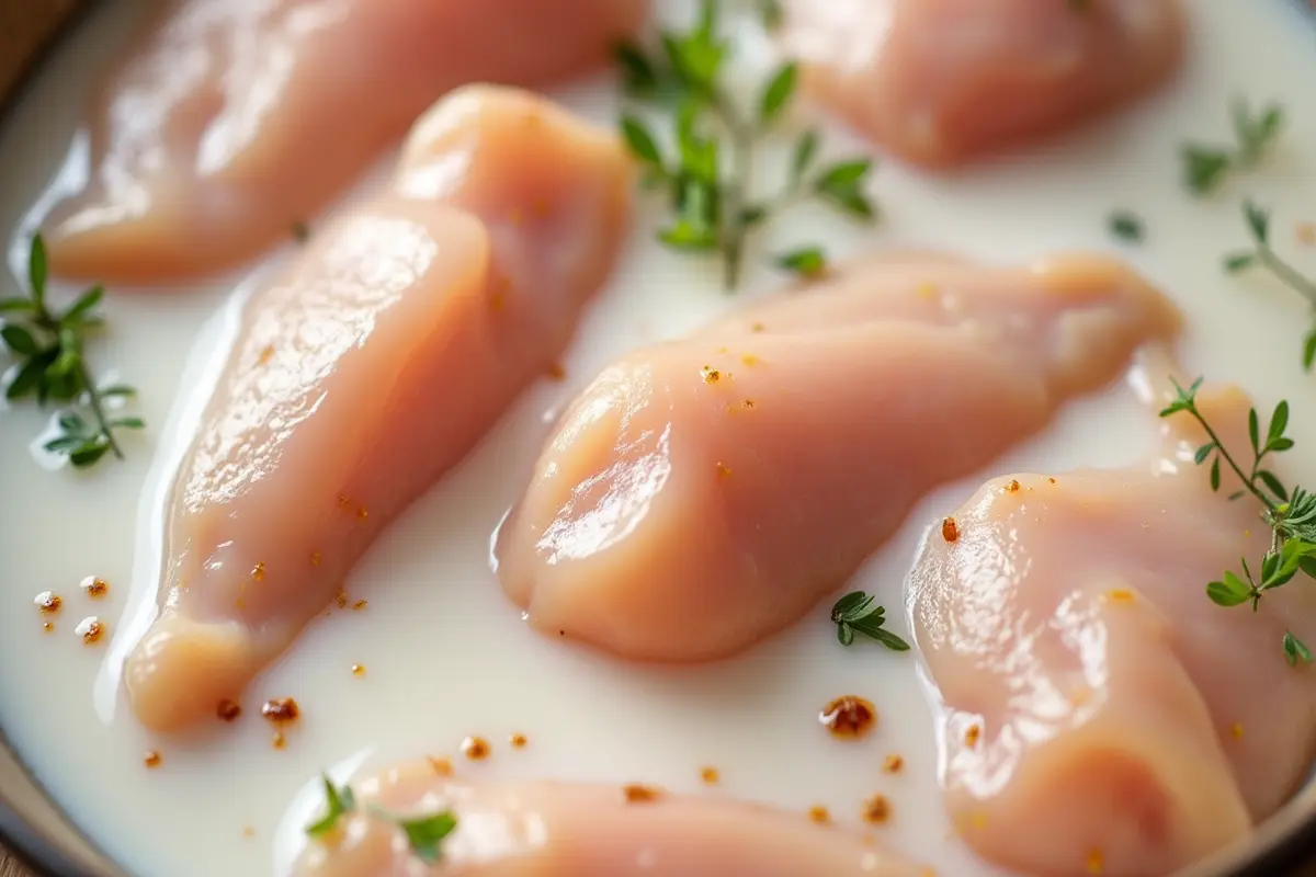 Meat marinating in milk.
