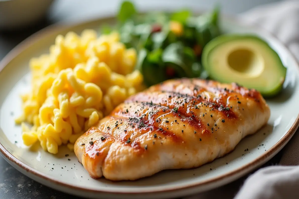 Chicken and eggs for breakfast, a high-protein start.