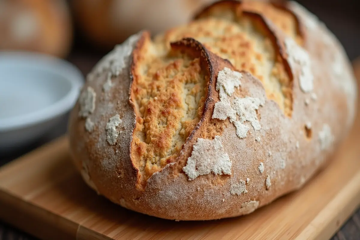 Close up of freshly baked sourdough bread, showcasing its texture.