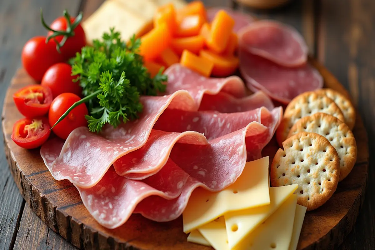 Low sodium lunch meat arranged on a wooden board with cheese, vegetables, and crackers
