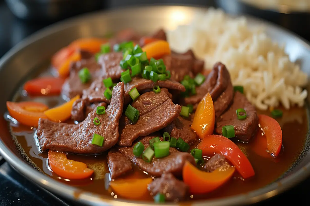 Pepper lunch recipe sizzling on a hot plate.